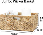 Jumbo Wicker Basket, Rectangular Wicker Baskets for Storage, Water Hyacinth Extra Large Storage Baskets, Shelf Basket with Built-in Handles-1 Pack