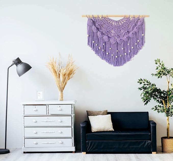 Youngeast Large Macrame Wall Hanging Boho Beaded Curtain for Window Macrame Bedroom Headboard Living Room Wall Art Tassel Tapestry Bohemian Woven Wall Decor 31" W X 25" H (Purple)