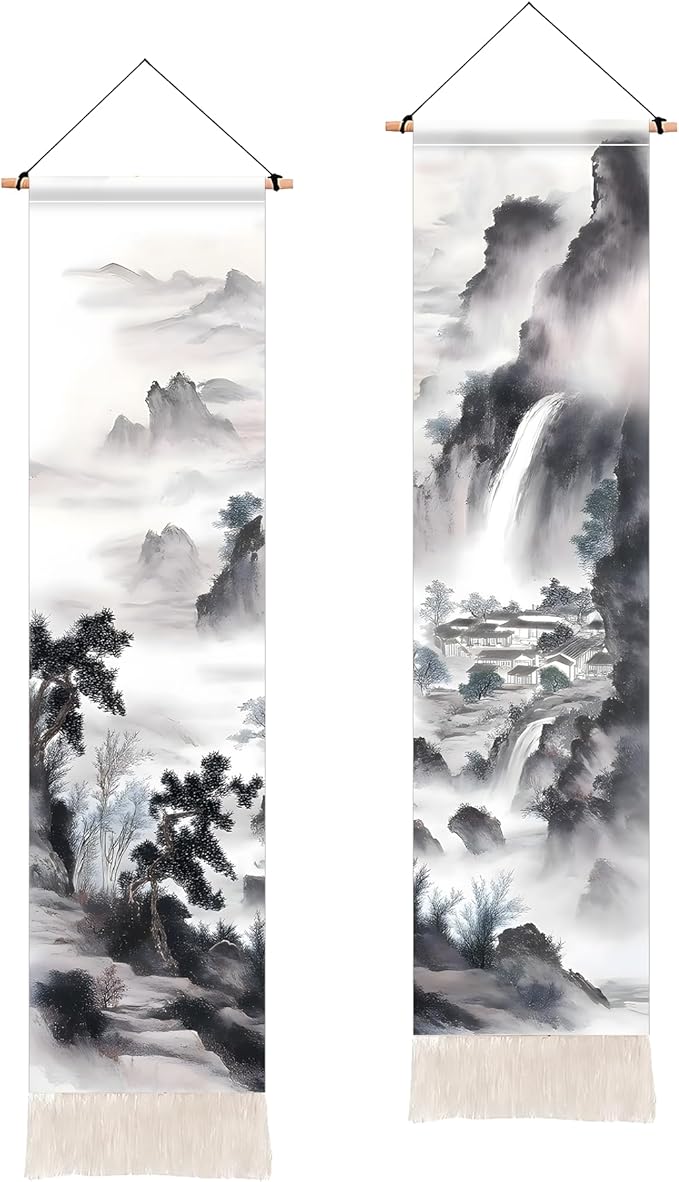 AOHMPT Pack of 2 Long Vertical Tapestry,Nature Landscape Tapestry with Serene Mountain River, Moon & Sun Motifs,Traditional Ink Painting Wall Art,Zen Aesthetic Wall Hanging for Living Room Bedroom Decor 13" W x 51" H"