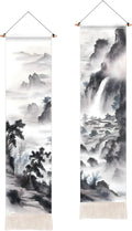 AOHMPT Pack of 2 Long Vertical Tapestry,Nature Landscape Tapestry with Serene Mountain River, Moon & Sun Motifs,Traditional Ink Painting Wall Art,Zen Aesthetic Wall Hanging for Living Room Bedroom Decor 13" W x 51" H"