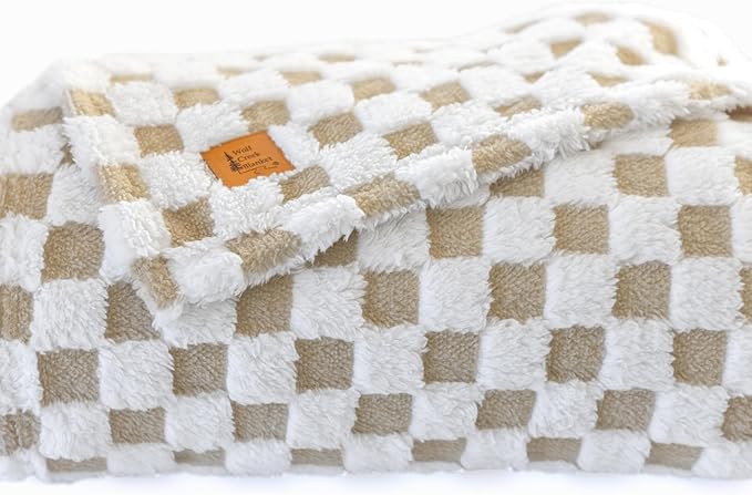 Beige & White Fuzzy Fuzzy Fun 3D Checkered Throw Blanket – Ultra Soft Shaggy Fleece for Cozy Comfort. Beautiful Gift for Women with Style 50 x 65 inches.