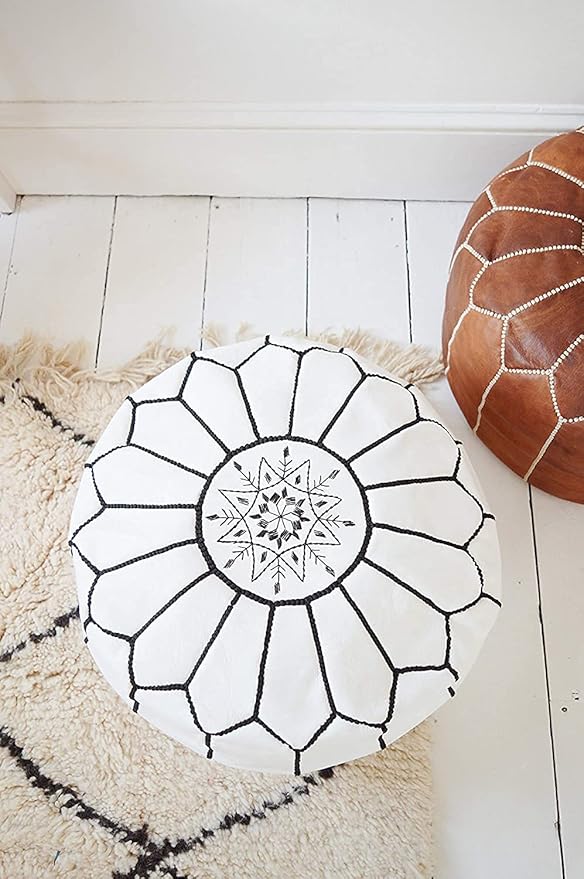 ARTOUARZAZATE Premium Moroccan Leather Pouf Cover - Round & Large Ottoman Footstool Cover with Embroidery - Cover ONLY - Perfect for The Living Room Bedroom, Kids Room, Gift & Wedding (White By Black)
