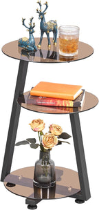 BEWISHOME Round End Table Tempered Glass Side Table with Metal Frame, Accent Table Nightstand Bedside Table with 3-Tier Shelves, Small Round Table for Living Room Bedroom Tawny KTZ41S