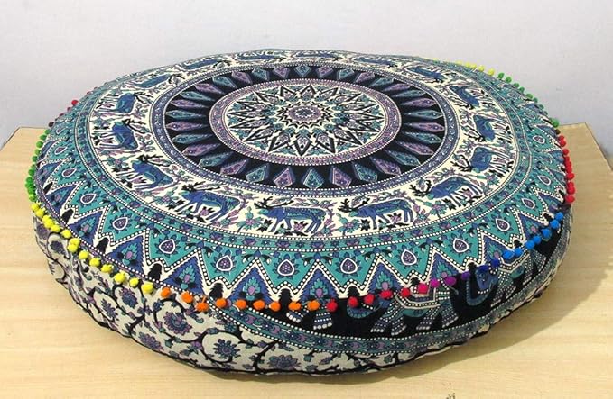 ICC Large Hippie Mandala Round Floor Pillow Cover Ottoman Pouf Cover Daybed Oversized Cotton Cushion Cover with Heavy Duty Zipper Seating Ottoman Poufs Dog-Pets Bed (Green Deer, 35" Round)