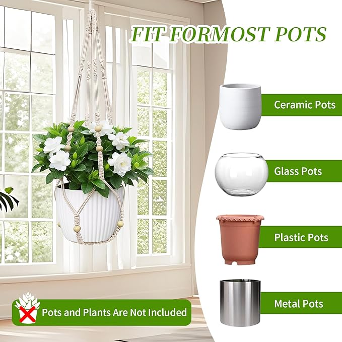 Bohemian-Style Macrame Plant Hanger Fits pots Sized from 4 to 15 inches in Diameter, Ideal for Hanging planters for Indoor Plants. Hanging Plant Holders is a Perfect Choice.(POTS NOT Included)