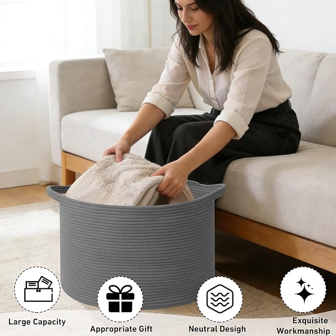 115L Large Blanket Basket,23.6" L x 23.6" W x 15.7" H Rope Woven Baskets with Handles, Toys Storage Bins,Laundry Basket Perfect for Living Room, Nursery,Bedroom,Home Organization,Dark Gry
