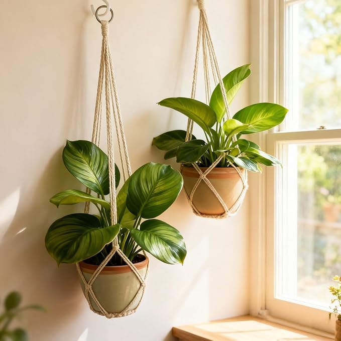 2Pcs Macrame Plant Hanger Plant Hanger Indoor Hanging Planters for Indoor Plants Decorative Modern Style Hand Knotted Woven Cotton Rope for Boho Home Decor No Tassels