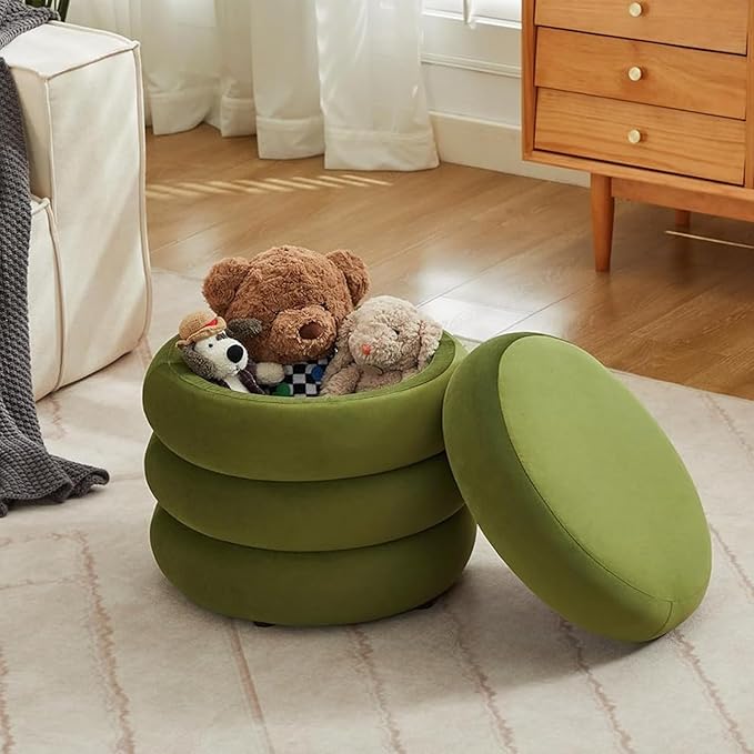 Flouki 19.5" Storage Ottoman Round, Vanity Stools for Bedroom, Velvet Pouf Ottoman with Removable Lid, Modern Ottomam Stool for Girls Women, Foot Stool for Living Room, Green