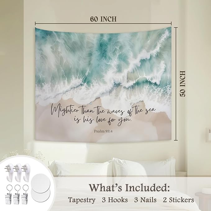 STHTTSW Christian Ocean Coastal Tapestry, Mightier Than the Waves of the Sea Bible Verse Tapestries, Religious Psalm 93:4 Wall Hanging Decor for Nursery Church Prayer Room Home Office, 50x60 Inch