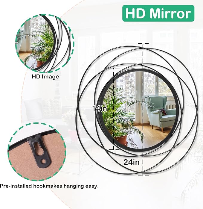 Round Black Mirror 24" for Living Room Wall Decor, Black Accent Framed Circle Bathroom Mirror, Decorative Vanity Mirror, Circular Mirror for Farmhouse Entryway Hallway