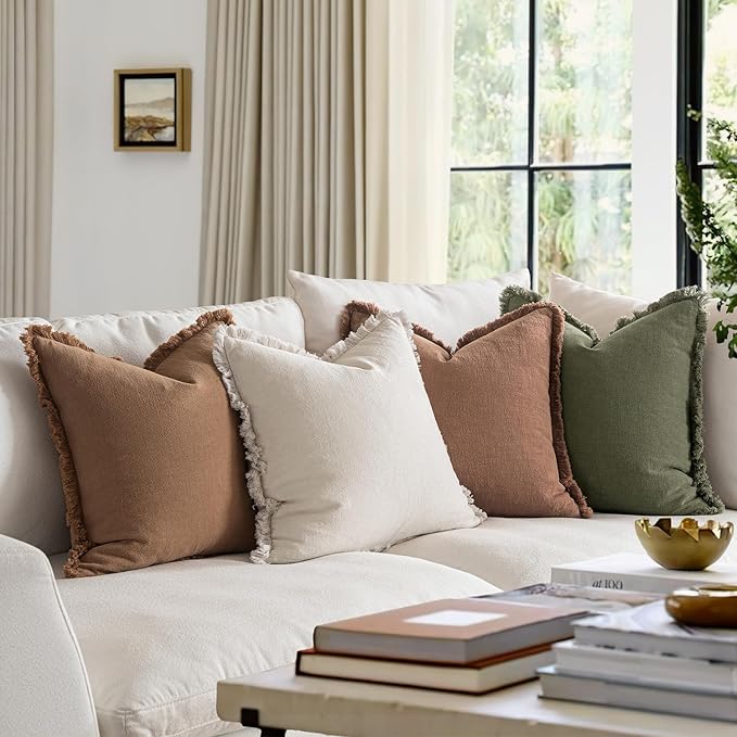 MIULEE Decorative Couch Pillow Covers Neutral Linen Fringe Throw Pillows Set of 4 Soft Rustic Cushions Boho Farmhouse Pillowcases for Bed Sofa Living Room Spring Decor 20x20 Inch Beige/Brown/Green