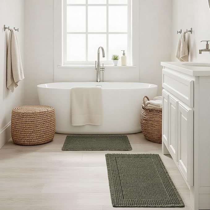 MIULEE Set of 2 Waffle Bathroom Rugs, Boho Bath Rug Super Absorbent, Non Slip Washable Ultra Soft Rubber Backed Shower Bath Mats for Floor, Tub, Shower, Bordered Design, Green, 18x30 Inch