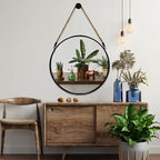 POZINO Round Mirror, 15" Rope Hanging Mirror, Farmhouse Circle Mirrors, Black Metal Frame Wall Mirrors for Bathroom, Bedroom, Living Room, Entryway, Fireplace, Home Decor