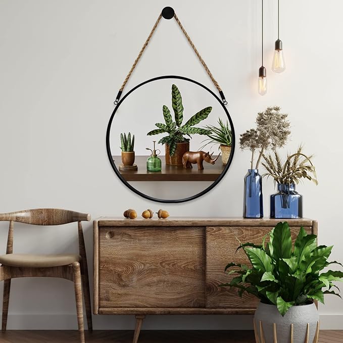 POZINO Round Mirror, 15" Rope Hanging Mirror, Farmhouse Circle Mirrors, Black Metal Frame Wall Mirrors for Bathroom, Bedroom, Living Room, Entryway, Fireplace, Home Decor