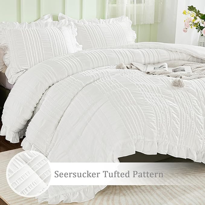 WONGS BEDDING White Comforter Set King,3 Pieces Ruffle Farmhouse Shabby Chic Boho Comforter for King Bed,Soft Textured Bedding Set with 1 Ruffle Comforter,2 Tufted Pillowcases 104"×90"