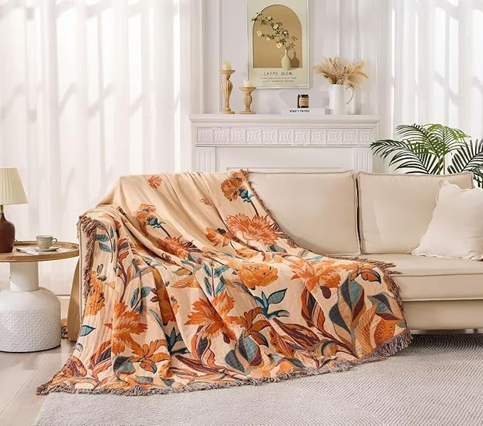 Boho Blanket for Bed 100% Cotton Bohemian Throw Blankets Ultra Soft Woven Muslin Decorative Blankets All Seasons Vintage Quilt Knitted Blanket for Sofa Chair(Orange, 90"x98")