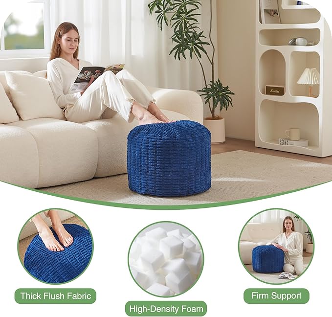 Round Stuffed Pouf, Corduroy Poufs with Foam Chunk Filling,26 X 18 Inches Floor Poufs Foot Rest for Living Room