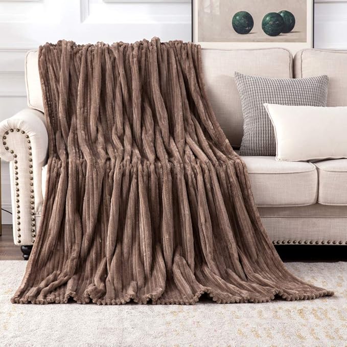 MIULEE Fleece Throw Blanket for Couch 300GSM Super Soft Lightweight Plush Striped Blanket, Brown Warm Cozy Breathable Ribbed Flannel Blanket for Bed/Sofa, Twin Size 60"x80"