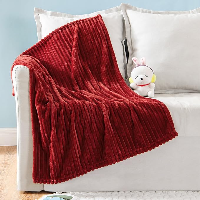 MIULEE Fleece Blanket, Durable Plush Fuzzy Extra Soft Warm Cozy Burgundy Red Striped Flannel Throw Blanket for Couch Sofa Bed 30"x40"