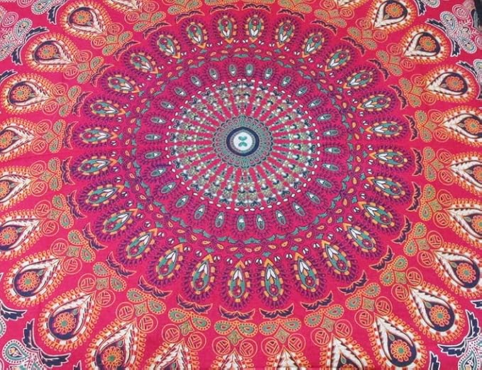 ICC Large Square Floor Pillow Cover Hippie Ottoman Pouf Cover Daybed Cotton Mandala Cushion Cover with Heavy Duty Zipper Seating Ottoman Poufs Dog-Pets Bed (Red/ Yellow Peacock, 35" Square)