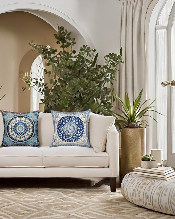 Jartinle Navy Mandala Pattern Throw Pillow Covers 18x18 Set of 4 Boho Accents Decorative Throw Pillows for Couch, Sofa, Outdoor Patio Bohemian Decor