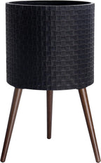 D'vine Dev 16 Inch Modern Geometric Tile Patterned Sleek Planter Pot with Stand, Indoor Outdoor Decorative Plant Holder, Distressed Black, 88-Z-E-5