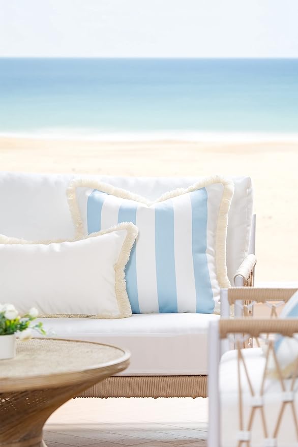 Hofdeco Premium Coastal Patio Indoor Outdoor Lumbar Pillow Cover Only, 12"x20" Water Resistant for Backyard, Couch, Solid White Fringe
