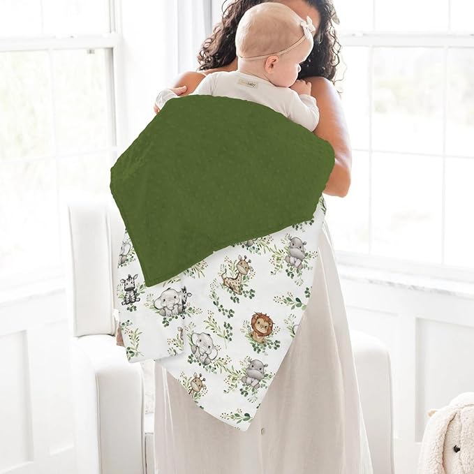 Cute Jungle Safari Animals Green Leaves Baby Blankets for Girl Boy Lion Giraffe Elephant Zebra Soft Mink Dotted Backing Double Layer Swaddle Blanket Bed Throw for Newborn Infant Toddler Nursery 30x40