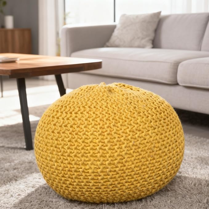 Round Pouf Ottoman, 18" Bordeaux Knitted Cotton Woven Round Pouf, Handmade Woven Bean Bag for Living Room, Floor Bag for Bedrooms, Home, Offices, Sofa Footrest (Yellow)