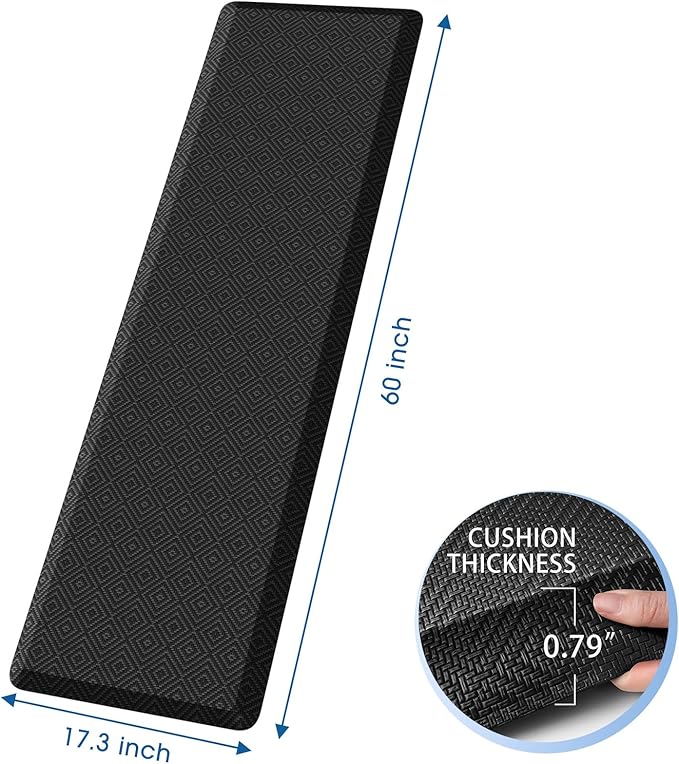 Mattitude 4/5 Inch Thick Kitchen Mat Cushioned Anti-Fatigue Floor Mat Water Resistant Non-Slip Mats and Rugs Standing and Comfort Desk Mats for House Sink Office Laundry (Black, 17.3"x60")