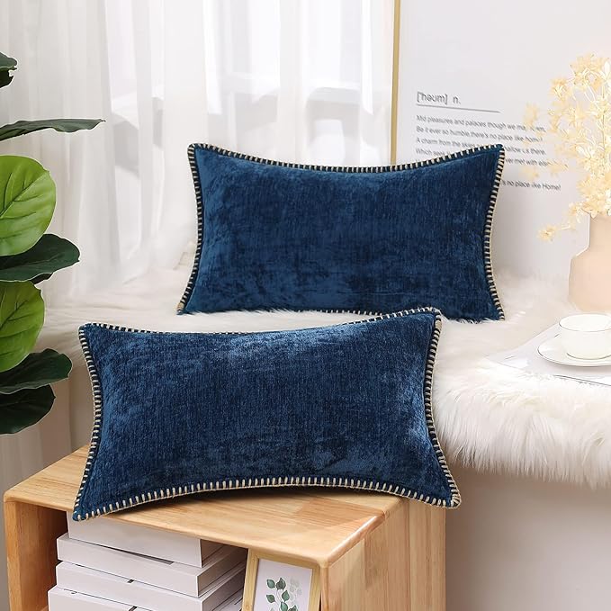 decorUhome Chenille Soft Cozy Throw Pillow Covers 12x20 Set of 2, Modern Farmhouse Boho Velvet Decorative Pillow Cases with Stitched Edge for Couch Sofa Bed Home Decor, Poseidon