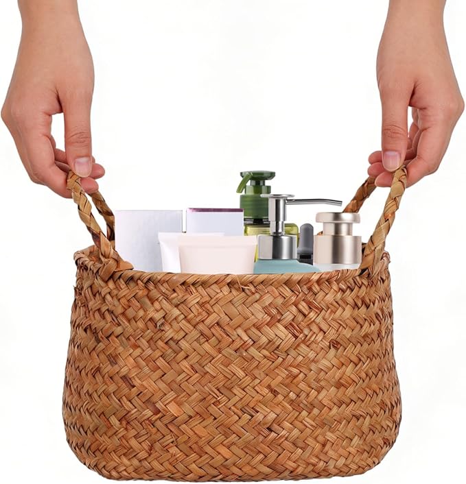 Cabilock Seagrass Bin Flower Girl Basket Storage Basket Lid Straw Bag for Living Room Decor