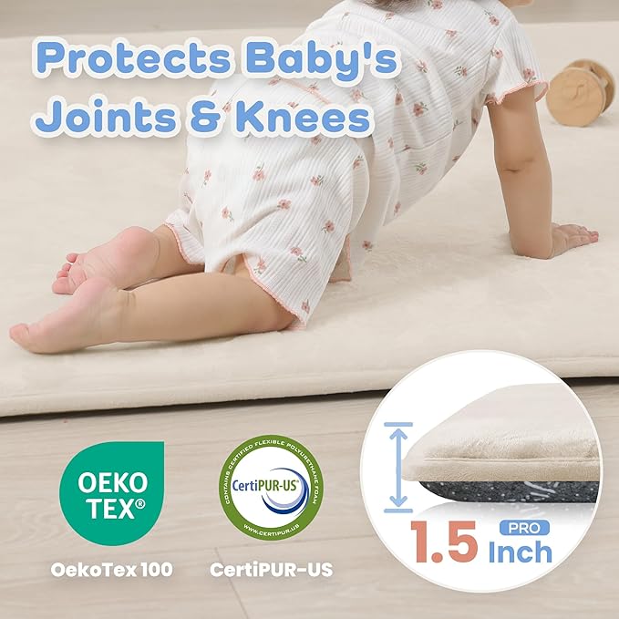 1.5" Thick Baby Play Mat for Floor, 79x79 Playpen Mat, Pro Soft Flannel Foam Mats Toddler Infant Kids Crawling for Nursery Rug Playroom Living Room Waterproof Easy Care Non-Slip (Beige)