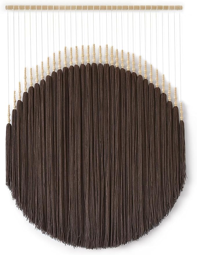 IOWER Macrame Wall Hanging Brown Yarn Beaded Backdrop Boho Wall Decor Round Tassel Home Wall Aesthetic Living Rooms Bedrooms Offices Geometric Art Chic Home Decor 39" W x 55" L