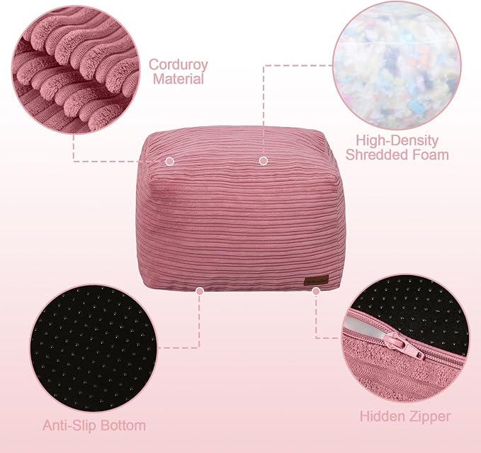 MeMoreCool Square Stuffed Pouf Ottoman Foot Rest, Stripe Furry Floor Pouf Foot Stool with Foam Chunk Filling, Soft Fluffy Stuffed Ottoman Footrest for Living Room, Corduroy Pink