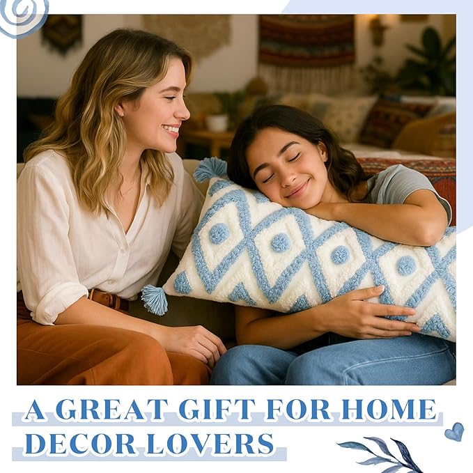 Decorative Lumbar Pillow Cover 14x36 Inch Coastal Blue and White Tufted Boho Throw Pillowcase Long Rectangle Accent Pillow Cover with Tassels for Couch Sofa Bed Farmhouse Body Cushion