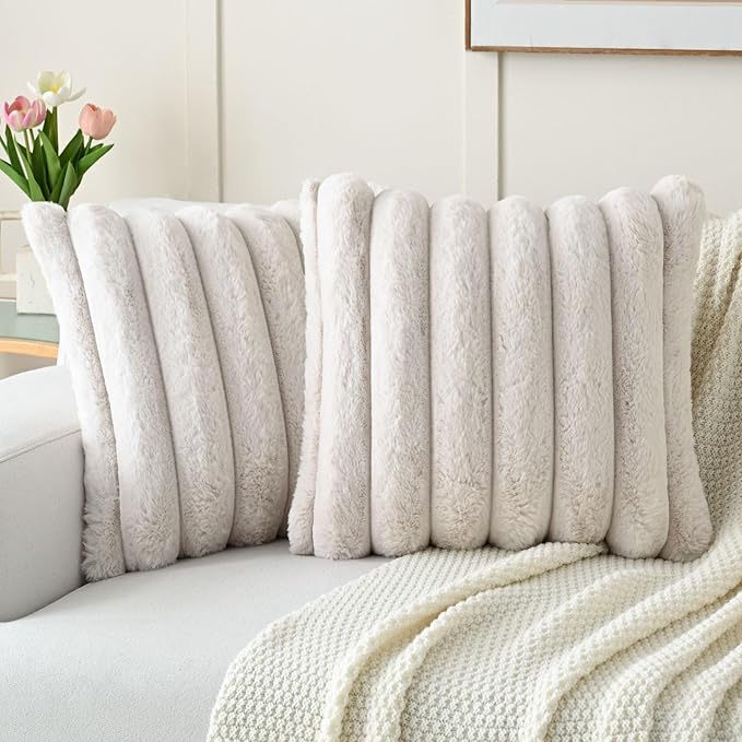 FUTEI Beige Decorative Throw Pillow Covers 16x16 Inch Set of 2, Square Soft Faux Rabbit Fur Thick Striped Cushion Cover,Spring Home Decor for Couch Bed Living Room