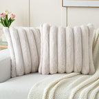 FUTEI Beige Decorative Throw Pillow Covers 26x26 Inch Set of 2, Square Soft Faux Rabbit Fur Thick Striped Euro Pillow Shams,Spring Home Decor for Couch Bed Living Room