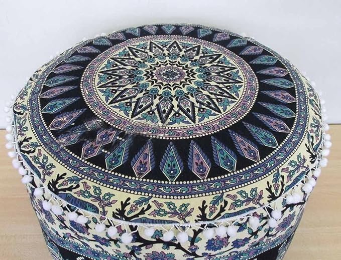 Indian Mandala Floor Pillow Pouf Cover Hippie Boho Cotton Ottoman Decorative Cushion Cover Meditation Seating Throw Home Decor Footstool Bohemian Couch Cover