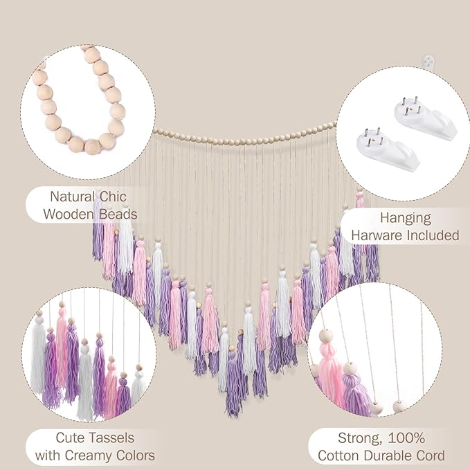 Luxbrand Pink & Purple Macrame Hanging Boho Wall décor, Large Tassel Wall Hanging with Wood Beads, Purple Wall Decor for Bedroom Living Room Girls Room Nursery, 41" W x 32" H