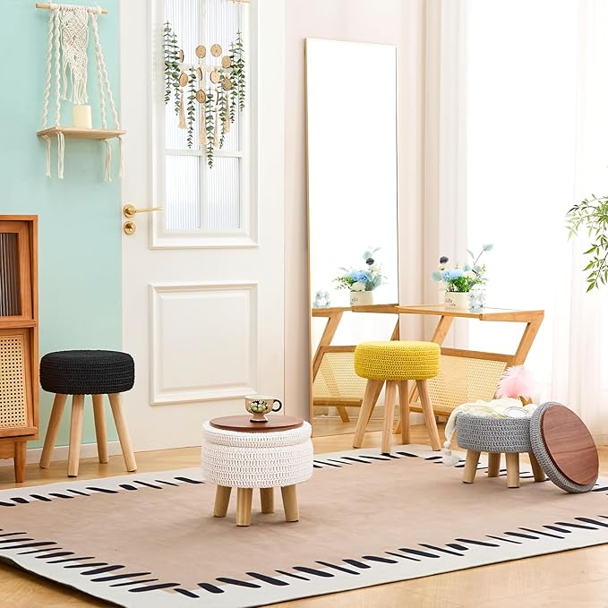 Wimarsbon Pouf Ottoman, 100% Cotton Knitted Boho Footstool, Round Footrest with Non-Skid Wood Legs, Home Décor Handmade Pouffe, Leisure Floor Step Stool for Living Room (Long Leg - Yellow)