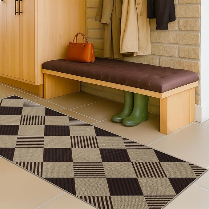 2x6 Diamond Checkered Runner Rug for Kitchen - Easy Jute Plaid Rug for Entryway Bedroom Beside Bed, Woven Low Pile Washable Black and White Geometric Farmhouse Décor