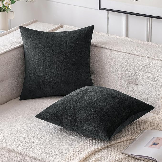 MIULEE Pack of 2 Black Decorative Pillow Covers 18x18 Inch Soft Chenille Couch Throw Pillows Farmhouse Cushion Covers for Home Decor Sofa Bedroom Living Room