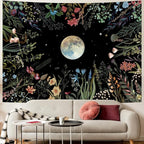 Amhokhui Moonlit Garden Tapestry Boho Moon Tapestry Floral Flower Tapestries Colorful Plants Tapestries Black Wall Hanging Decor for Home