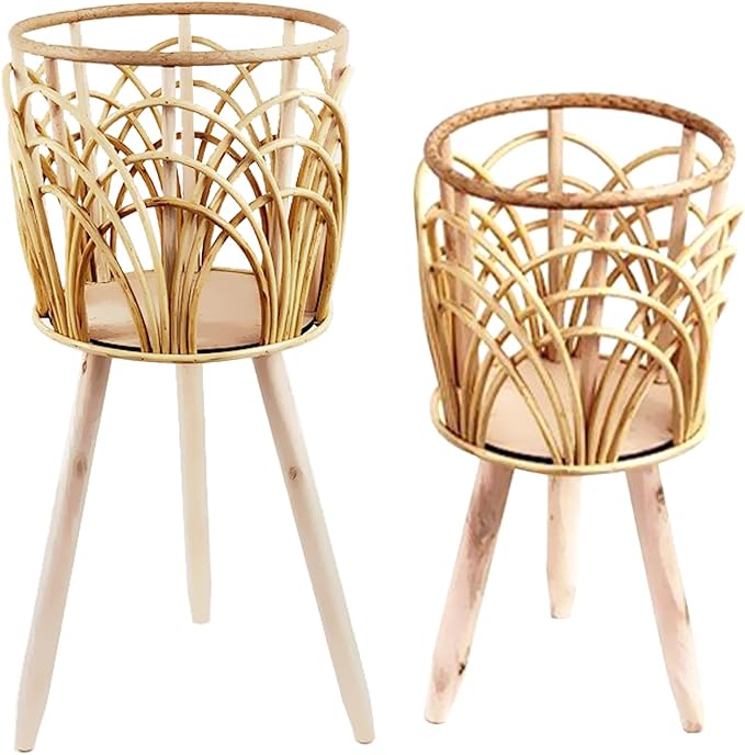Wnvivi Raised Wooden Planter Stand,Handwoven Boho Flower Pot on Wooden Standing Legs,Tall Floor Plant Display Holder Basket for Living Room Decor(S)