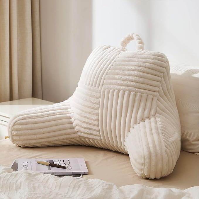 Blissful Diary Reading Pillow for Sitting in Bed, Flannel Back Pillow Bed Sitting Up for Adult & Children, Backrest Cushion for Sit Up in Couch or Floor, Dorm Essentials, Ivory White