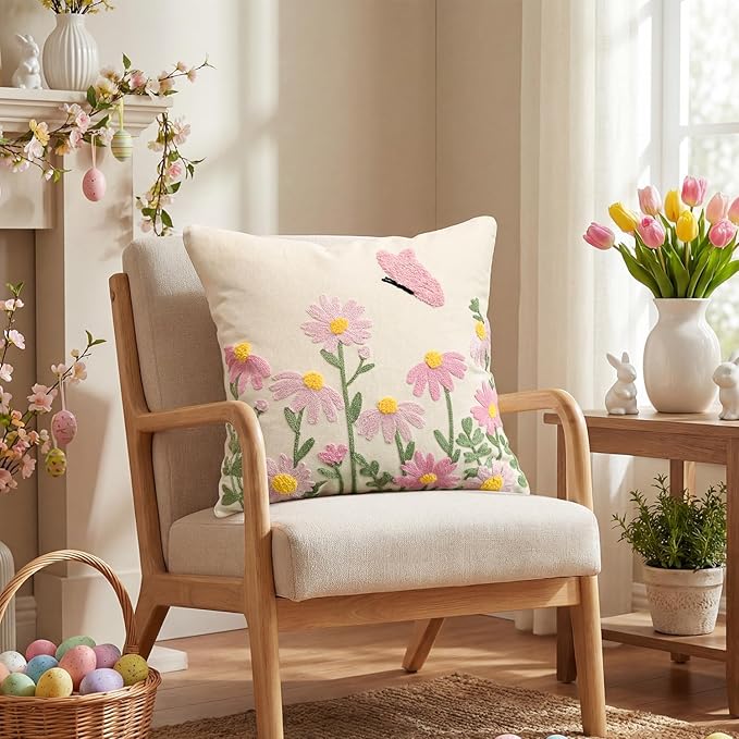 AVOIN colorlife Easter Spring Floral Embroidered Throw Pillow Cover, 18 x 18 Inch Butterfly Flowers Tufted Patterned Linen Decoration Cushion Case for Sofa Couch