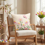 AVOIN colorlife Easter Spring Floral Embroidered Throw Pillow Cover, 18 x 18 Inch Butterfly Flowers Tufted Patterned Linen Decoration Cushion Case for Sofa Couch