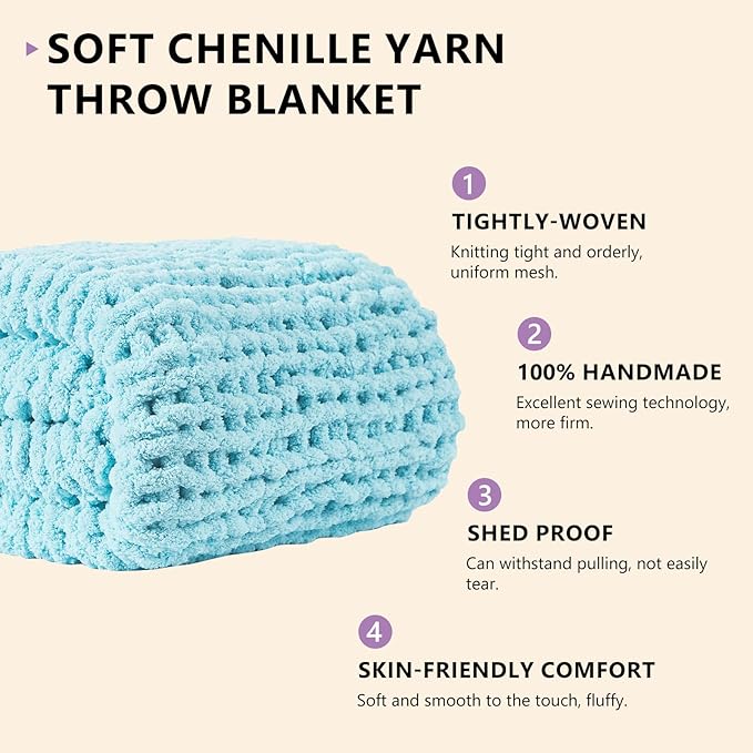 L'AGRATY Chunky Knit Blanket Throw: 72''x84'' Chenille Thick Big Cable Knit Blanket - Handmade - Light Blue