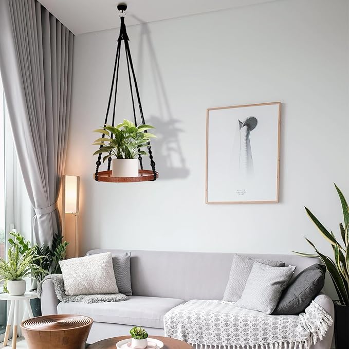 E-Know Macrame Plant Hanger - 2 Set Indoor Hanging Planter Shelf - Hanging Planter Rack Decorative Flower Pot Holder - Handmade Cotton Plant Hangers with Wood Tray